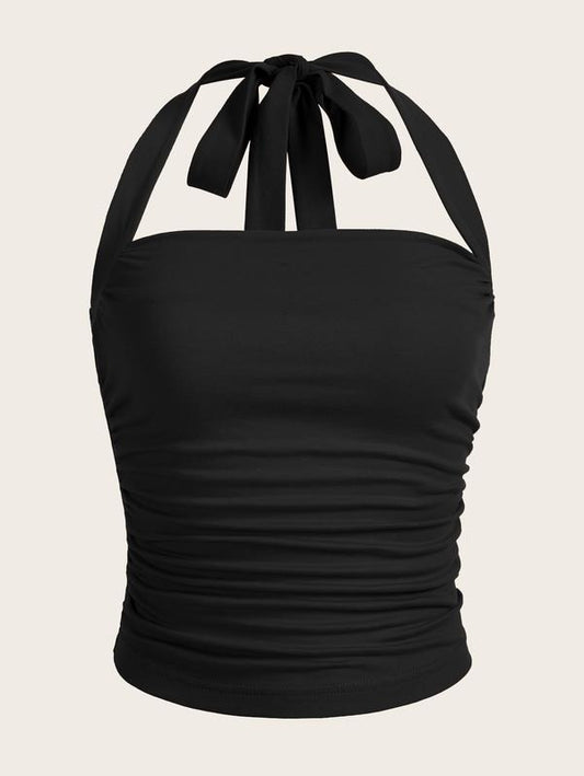 Ruched Halter Y2K Crop Tops Tie Back Sleeveless Slim Fit Cami Tops
