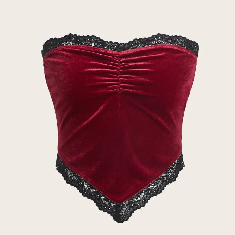 Ruched Lace Trim Strapless Asymmetrical Hem Velvet Bandana Crop Tube Top