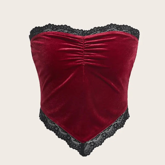 Ruched Lace Trim Strapless Asymmetrical Hem Velvet Bandana Crop Tube Top