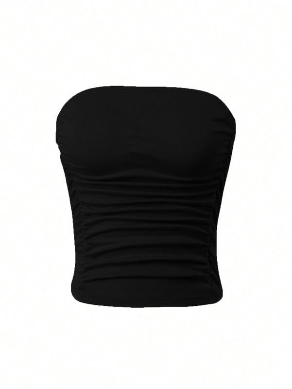 Ruched Tube Crop Top Sleeveless Strapless Solid Bandeau TopsY2K