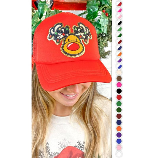 Rudolph Chenille Christmas Patch Trucker Hat - Festive Holiday Hat