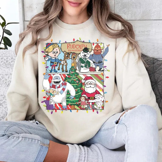 Rudolph the Red-nosed Reindeer Holiday Xmas Sweatshirt,Christmas Frosty the Snow Man Sweatshirt, Frosty's Snowflake Hoodie, Snowman Christmas Shirt, Rudolph family Christmas Reindeer Sweatshirt, Christmas 90s Movies Lovers TShirt, Merry Christmas Gift