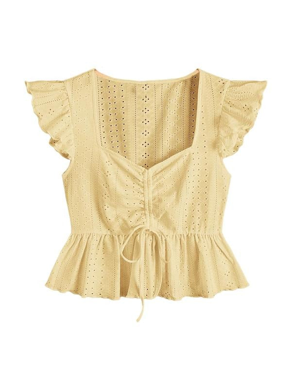 Ruffle Hem Cap Sleeve Shirts Sweetheart Neck Peplum Blouse Top