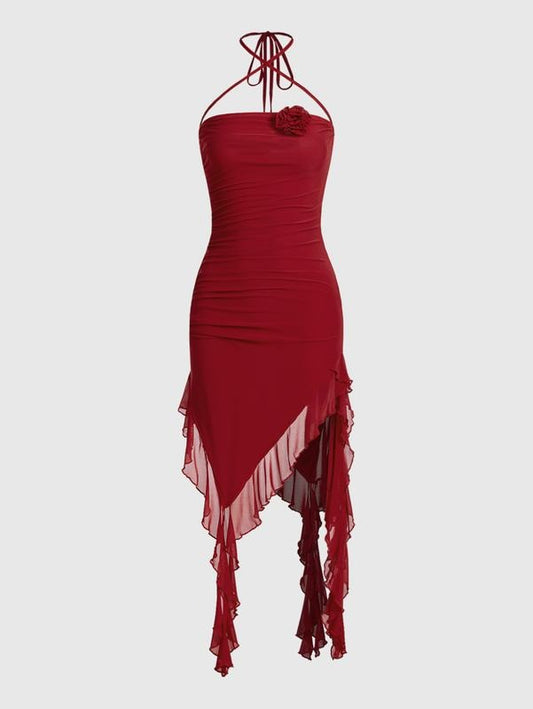 Ruffle Mesh Ruched Halter Bodycon Long Dress 3D Floral Tassel Backless Maxi Tube DressesY2K