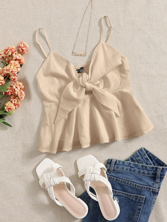 Ruffle Tie Knot Front Cami Peplum Top Strappy V Neck Smocked CamisoleY2K