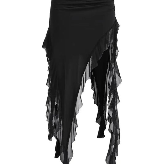Ruffle Trim Asymmetrical Low Waisted Long Skirts Summer Party Going Out Skirt