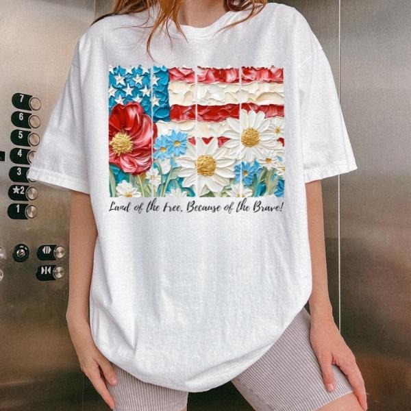 [SALE UP TO 60%] Cute USA Flag T-Shirt Sweatshirt, Memorial Day and Independence Day Shirt, Floral Red White Blue Graphic, Girly Patriotic Summer Tee