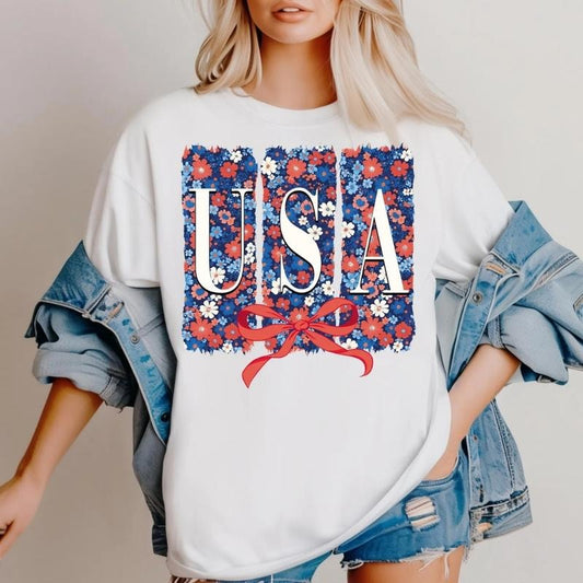 [SALE UP TO 60%] Floral USA Coquette T-Shirt, Sweatshirt, Memorial Day & 4th of July Graphic, Preppy America 1776 Land of the Free Shirt