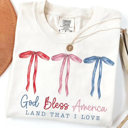 [SALE UP TO 60%] God Bless America T-Shirt, Sweatshirt, Coquette 4th of July Graphic, Patriotic USA Bows Design, Cute Summer Shirt for Her