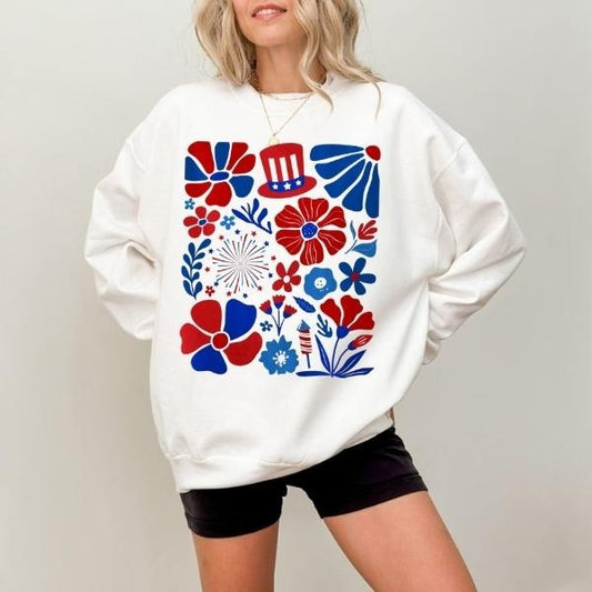 [SALE UP TO 60%] Vintage Boho America T-Shirt Sweatshirt, Memorial Day & 4th of July Floral Tee, Girly USA Pride Shirt, Cute Red White Blue Look