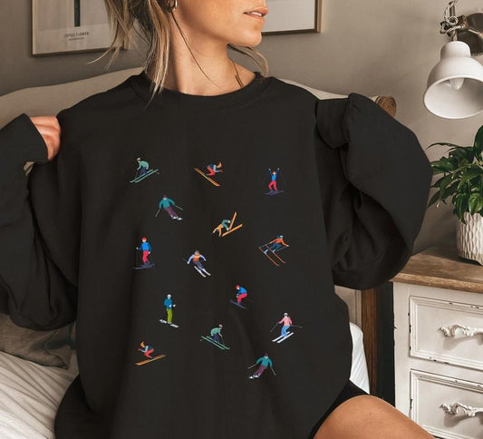 SKIING SWEATSHIRT, Ski Print Crewneck, Winter Pullovers, Cute Skier Sweatshirt, Snowboarding, Winter Sports Gift Tops