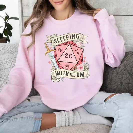 SLEEPING with the DUNGEON MASTER T-Shirt Sweatshirt for Women - Pink Cotton Hoodie with D20 Design, Casual Style, Ideal for Dungeons and Dragons Fans