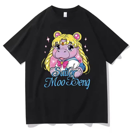 Sailor Moo Deng Funny Meme Vintage Graphic T-shirt Baby Hippo Tshirt Short Sleeve Men Y2k Cartoon Tops T Shirts Men's Cotton Oversized T-shirts