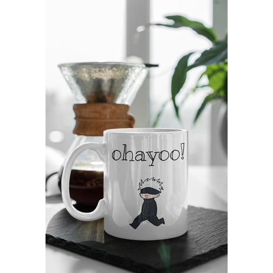 [Sale Up To 50%] Ohayoo Gojo Mug, Funny JJK Anime Gift, 11oz Coffee Cup for Him or Her