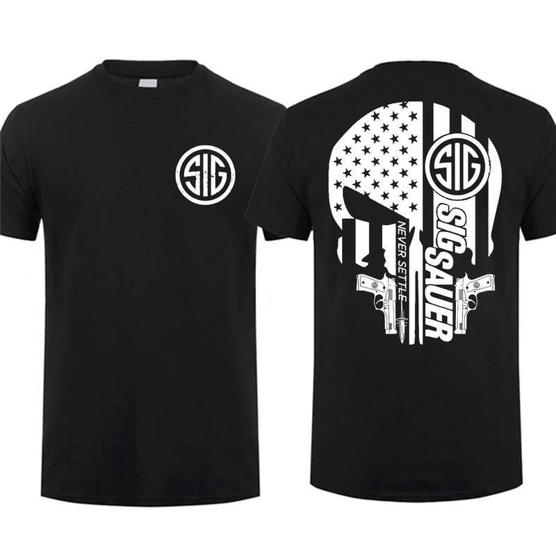 [Sale Up To 60%] Sig Sauer Skull Gun America Flag 2 Sided T-shirt Unisex Short Sleeve Casual 100% Cotton Top Menswear Tactical Gear Gun Lover
