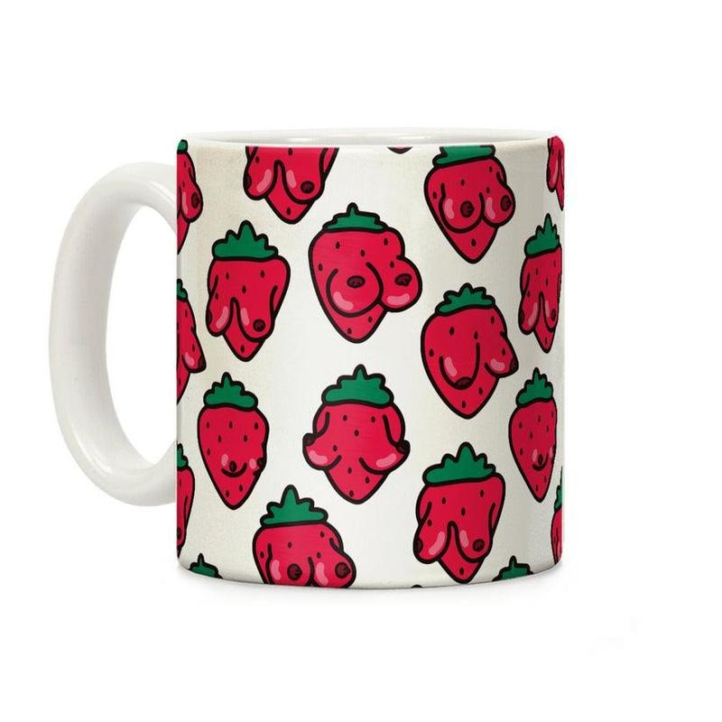 [Sale Up to 60% ] Strawboobies Pattern Coffee Mug,  11 oz or 15 oz Ceramic Drinkware with Large Handles, Printed in the USA