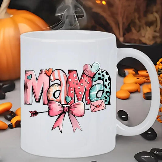 [Sale up to 50%] Mama Insulated Ceramic Mug, White with Colorful Heart Bow Mug