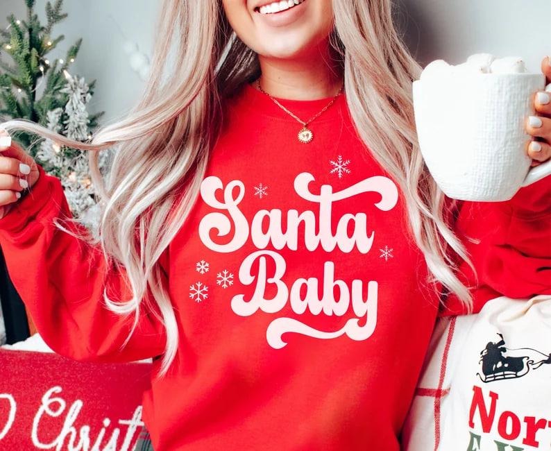 Santa Baby Christmas Pregnancy Announcement Sweatshirt, XMas Maternity Sweater, Holiday Gender Reveal Outfit Winter Baby Shower Gift, Christmas Baby, Winter Baby, New Mom To Be, Pregnancy Reveal Shirtstyle{n002}4