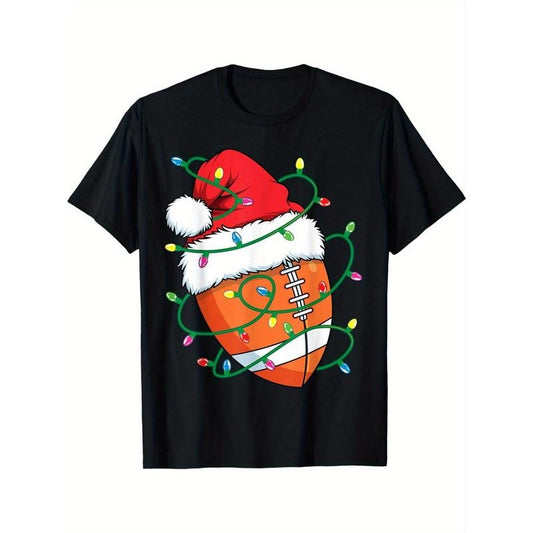 Santa Football Sports Ball Men Christmas Xmas Lights T-Shirt made in usa