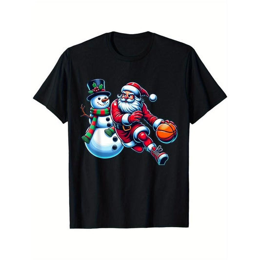 Santa Playing Basketball With A Snowman Christmas men's T-Shirt made in usa