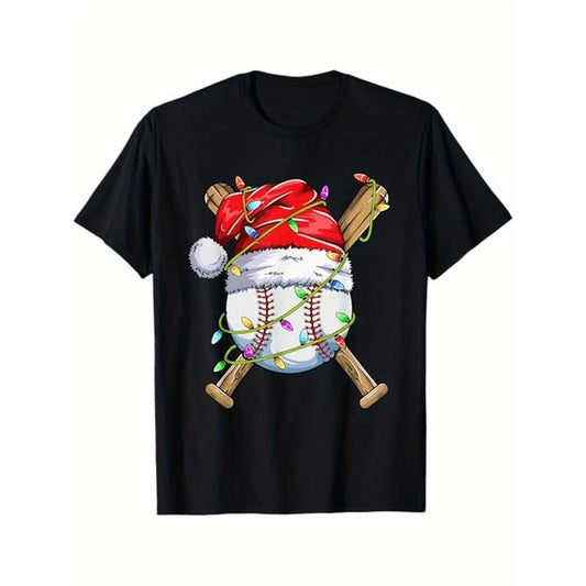 Santa Sports Design For Men Boys Christmas Baseball Player T-Shirt, 100%Cotton, Gifts for Men Dad Husband Grandpa, S-XXXL, Black made in usa
