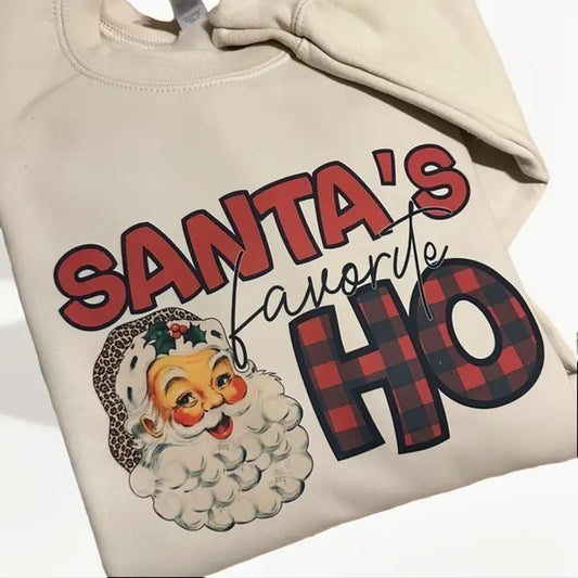 Santa's Favorite Ho Ho Ho Sweatshirt, Trendy Womens Santa Christmas Sweatshirt Cotton Clothes