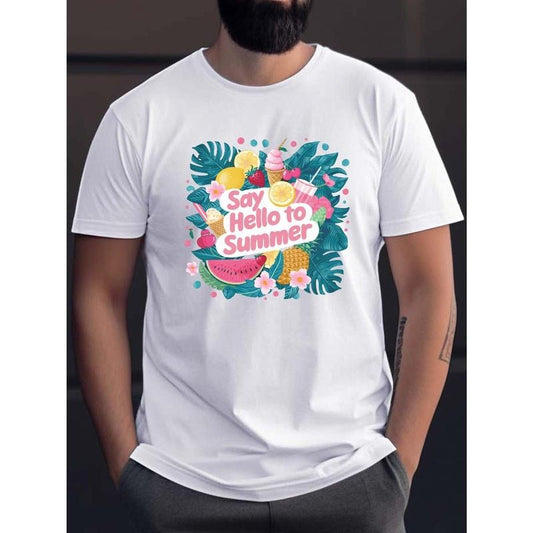 Say Hello To Summer And Leaves Watermelon Print Men's Summer Casual Crew Neck T-shirt With Comfy Short Sleeves, Breathable Top For Daily Life & Vacation Resorts made in usa