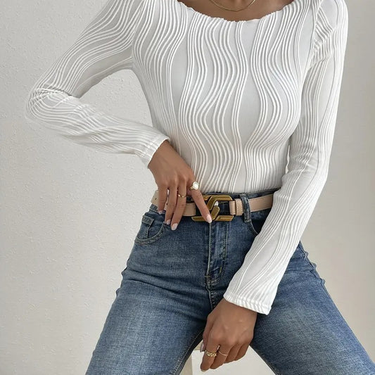 Scoop Neck Long Sleeve T Shirts Solid Textured Tee TopsY2K