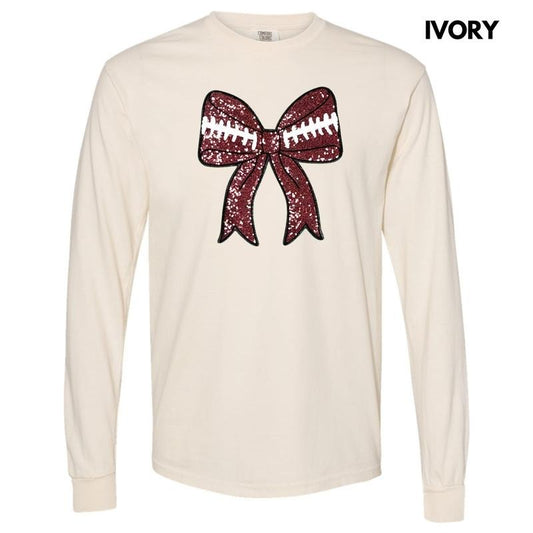 Sequin Football Bow Patch Long Sleeve Comfort Colors T-Shirt