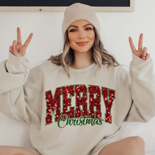 Sequin Print Merry Christmas Sweater, Trendy Christmas Crewneck, Winter Sweatshirt, Xmas Graphic Pullover, Cute Holiday Jumper,