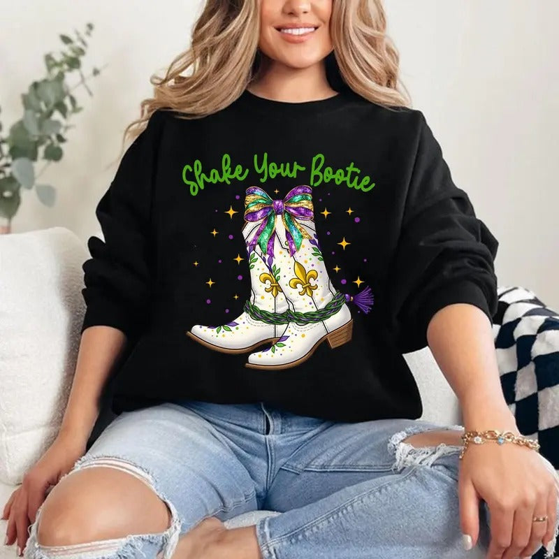 Shake Your Bootie Tshirt Sweatshirt, Mardi Gras Boots Shirt, Brushstroke Boots, Fleur De Lis Coquette Sweatshirt, Unisex Sweater Pullover Tee