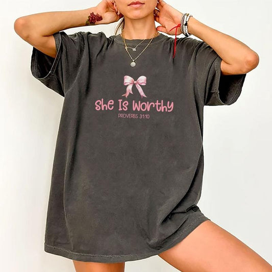 She Is Worthy Tee, Bible Verse Spiritual Printed T-shirt, Coquette Pink Bow Graphic Tee Women, Religious Cotton Fabric Outfit, Jesus Comfort Shirt Casual Style, Gift For Christian, Women's Tops, Comfy Fit Womenswear Chic Style coquette clothing