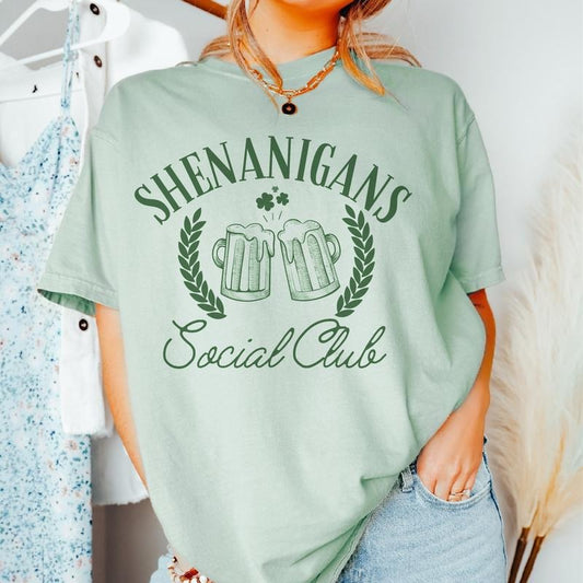 Shenanigans Social Club St. Patrick's Day T-shirt Shenanigans St. Patty's Day Tshirt Irish Pub St. Pattys Tee Clovers and Shamrock T-Shirts St. Patty's Day Holiday Tee Womens Shenanigans Clover Tshirt Casual Cute