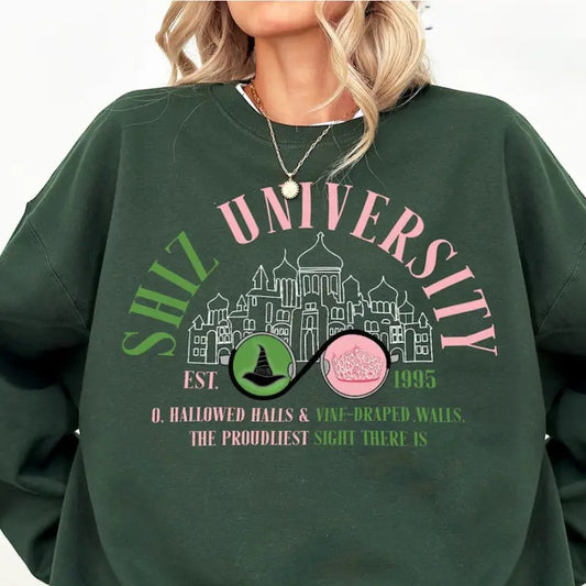 Shiz University Crewneck Witch Pink and Green Sweatshirt, Wicked Glitter Colorful Shirtand Hoodie, Wicked A New Musical Sweatshirt Defy Gravity Hoodie