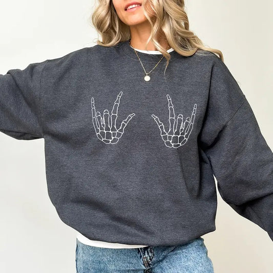Skeleton Hands Rock Sweatshirt, Rock Skeleton Hands Sweater, Funny Women Apparel, Spooky Season Crewneck, Halloween Vibes Long Sleeve Pullover, Halloween Women Shirt, Spooky Vibes Sweatshirt, Outfit Of The Day, Womenswear Soft Cozy Fabric Sweatshirt