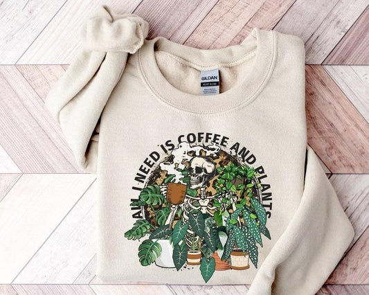 Skeleton Plant Lover Sweatshirt, All I Need Is Coffee And Plants Sweatshirt, Halloween Leopard Plant Lady Shirt, Gift For Plant, Plant Mom
