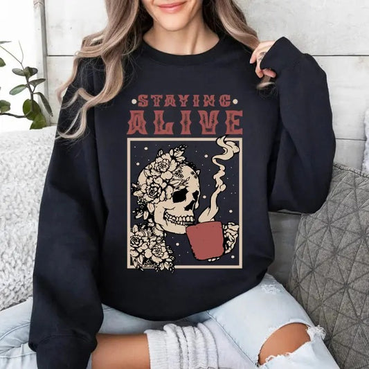 Skeleton Staying Alive Halloween Sweatshirt, Skeleton Sweatshirt, Halloween Coffee Addict Shirt, Skeleton Coffee Sweatshirt