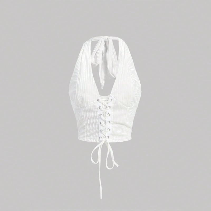 Sleeveless Halter Neck Lace Up Front Tie Back Crop TopY2K