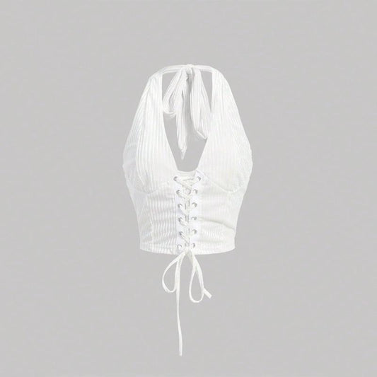 Sleeveless Halter Neck Lace Up Front Tie Back Crop TopY2K