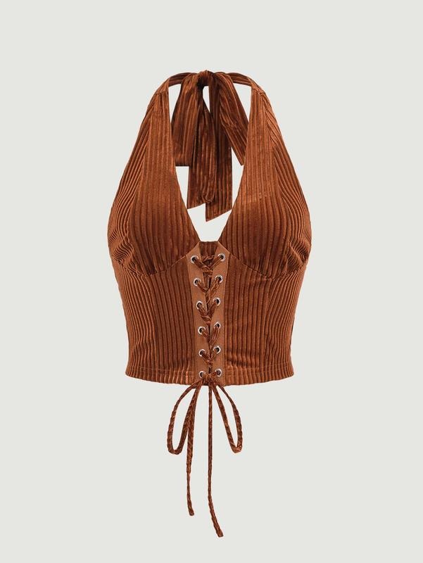 Sleeveless Halter Neck Lace Up Front Tie Back Crop TopY2Kstyle{n002}2