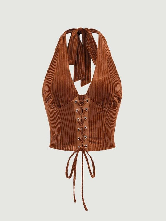Sleeveless Halter Neck Lace Up Front Tie Back Crop TopY2Kstyle{n002}2