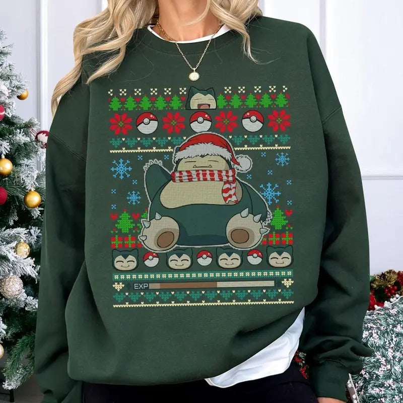 Snorlax Pocket Monster Ugly Christmas Sweater Shirt, Snorlax PKM Christmas Sweatshirt, Cartoon Anime Christmas T-shirt, Pikachu Bulbasaur Squirtle Charmander, Xmas Gifts Tee Sweatshirt, Hoodie