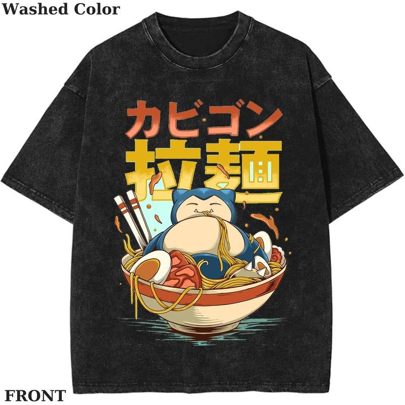 Snorlax Ramen Pokemon Meme Graphic T-Shirt, Pokemon T-Shirt, PKM Shirt, Anime Funny Shirt, Vintage Tee Streetwear Shortsleeve Printed Womenswear Top
