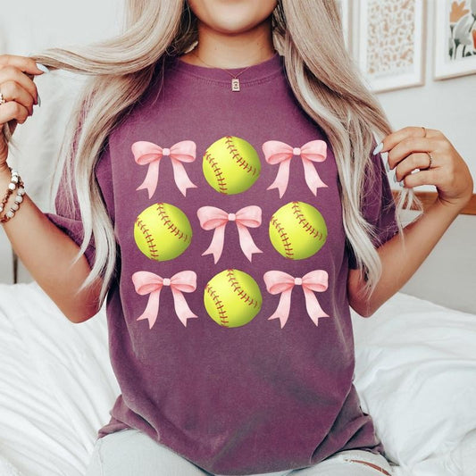 Softball, Pink Bows, Sports, Coquette, Mother's Day Tshirt, Women's Crew Neck, Crewneck