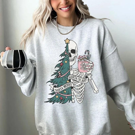 Sorta Merry Sorta Scary Crewneck Sweatshirt, Skeleton Christmas Sweater, Festive Holiday Sweatshirt, Funny Xmas Shirt, Ugly Xmas Sweater, Funny Christmas Sweatshirtstyle{n002}3