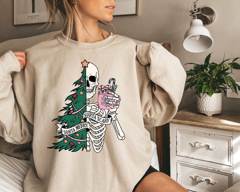 Sorta Merry Sorta Scary Sweatshirt, Christmas Sweatshirt, Christmas Tree Sweater, Spooky Season Christmas Sweater, Christmas Skeleton Sweatshirt, Winter Holiday Shirt, Xmas Christmas Gift Shirt
