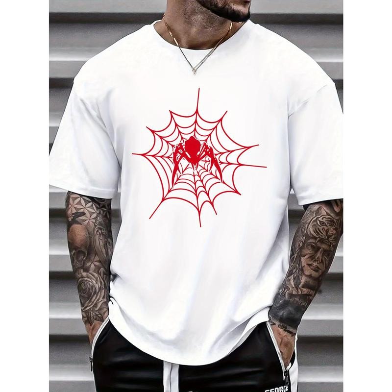 Spider Web Print Men's Round Neck Short Sleeve Tee Fashion Regular Fit T-Shirt Top For Spring Summer Holiday Leisure Vacation Made in USA