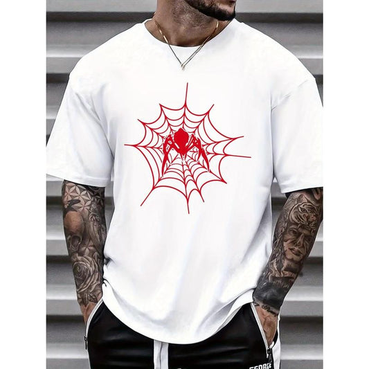 Spider Web Print Men's Round Neck Short Sleeve Tee Fashion Regular Fit T-Shirt Top For Spring Summer Holiday Leisure Vacation Made in USA