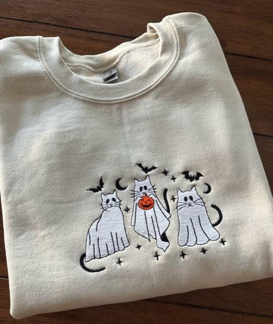Spooky Ghost Cat Embroidered Crewneck Sweatshirt Long Sleeve Casual Menswear Halloween Top