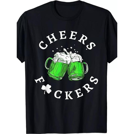 St. Patrick's Day Cheers Fckers T-Shirt - 100% Cotton Crew Neck Tee, Casual Geometric Beer Mug Print, Breathable Knit Fabric, Regular Fit for Adults - Summer Weekend Casual Top made in usa